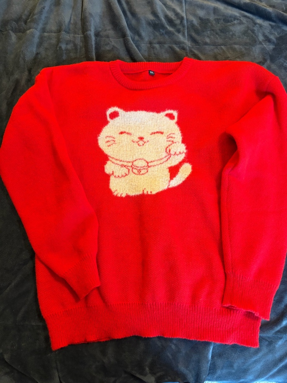 Red Knit Sweater with Cream Lucky Cat Graphic